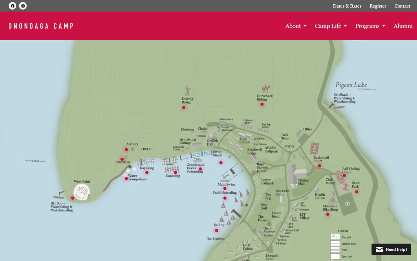 Onondaga Camp website built by Data Function, showing its interactive camp map